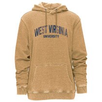 Faded gold hoodie with West Virginia arched over University in navy faded print